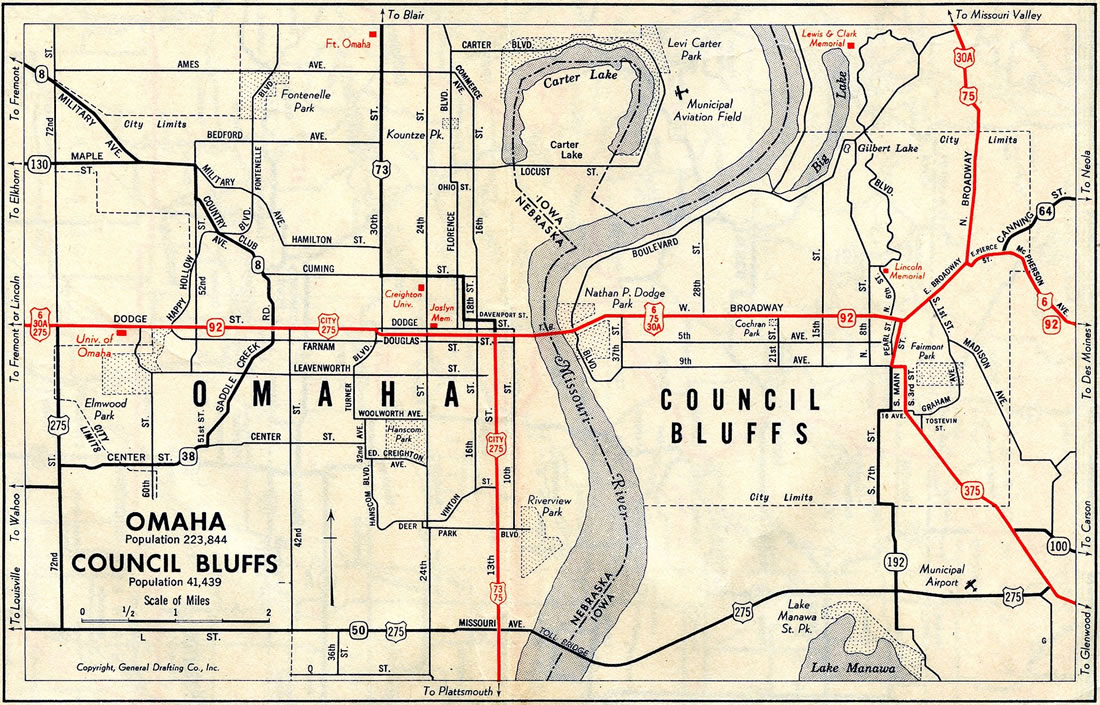 Omaha, Nebraska and Council Bluffs, Iowa in 1942.