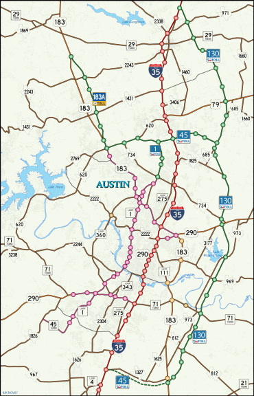 Greater Austin area freeway and tollway map.