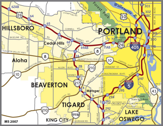 217 oregon tigard beaverton map route north city aaroads maps freeway oswego interstate along lake end line