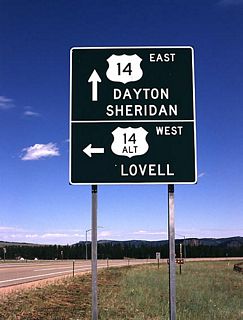 U.S. 14 rejoins with Alternate U.S. 14 at Burgess Junction. Alternate U.S. 14 travels west from here toward Medicine Wheel and Lovell before merging back onto U.S. 14 at Cody. U.S. 14 continues east toward Dayton and Ranchester, where it merges onto Interstate 90 east toward Sheridan.