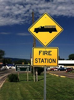 This signage is posted along eastbound U.S. 14 at a fire station in Ranchester. Continuing east, U.S. 14 merges onto Interstate 90 and U.S. 87 northwest of Sheridan.