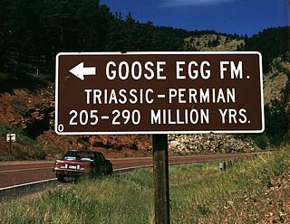U.S. 14 Alternate signage for the Goose Egg Stratum Marker. Photo taken by Jonathan Winkler, 8/00.