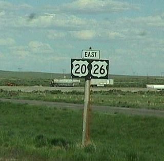 These eastbound U.S. 20-26 shields are located near Shoshoni in northeastern Fremont County, which is the largest county in Wyoming.