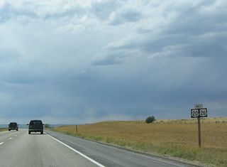 This reassurance shield assembly is posted on westbound U.S. 20-26 after the Salt Creek Highway (Wyoming 254) interchange.