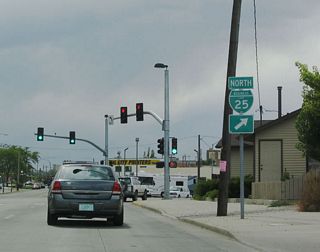 At First Street, Business Loop I-25 and U.S. 20-26 Business-87 turns west toward downtown Casper.