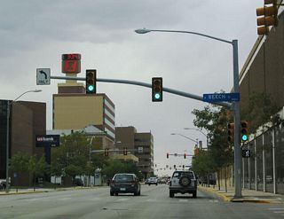 Westbound Business Loop I-25 and U.S. 20-26 Business-87 reaches Beech Street.
