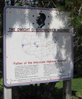 At the Welcome Center located at the Exit 7 interchange is this informational sign showing that the section of Interstate 25 between Denver and Cheyenne is part of the Eisenhower Memorial Highway, which travels across the United States from San Francisco to Washington, D.C. via I-80, I-25, I-70, and I-270.