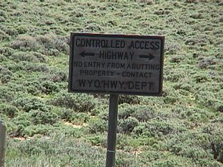 Between Rock River and Bosler, U.S. 30-287 becomes a freeway, with access control for a 17-mile stretch between these two towns. There are no interchanges along this portion of highway. This freeway was constructed with the intent that it would become part of Interstate 80, but that idea was abandoned once the new stretch was built closer to Arlington and Elk Mountain. Along this stretch, signs such as this one are posted along the right-of-way to indicate the fact that this is an access-controlled facility.