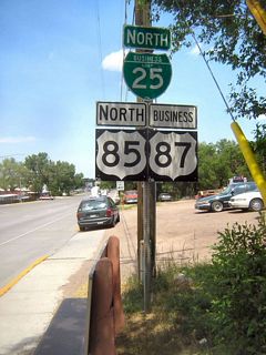 This Business Loop I-25, U.S. 85, and Business U.S. 87 shield assembly is posted on the way north to Cheyenne.