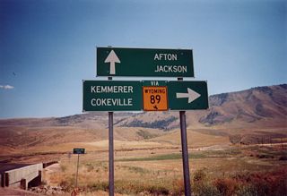 Idaho State Highway 61 extends Wyoming Highway 89 north along the Sublette Range to U.S. 89 near Geneva. Placed by WYDOT, this signage referenced the continuation of WY-89 south to U.S. 30 at Border Junction.