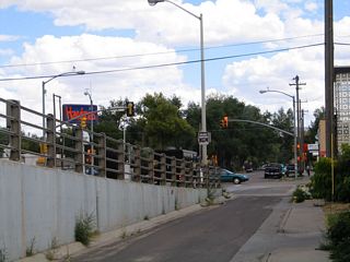 The Wyoming 130-230 viaduct has an unusual arrangement that allows for a frontage road on the eastern approach. This photo shows the pending intersection with Third Street as seen from the frontage road rather than the viaduct.