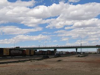 This view shows the Wyoming 130 and Wyoming 230 (Snowy Range Road) viaduct as seen from downtown Laramie. This viaduct is slated for eventual replacement.