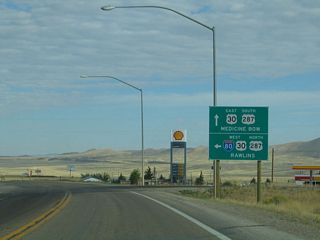 The second ramp connects with westbound Interstate 80/U.S. 30 and northbound U.S. 287. Continue straight ahead for eastbound U.S. 30-287 to Hanna, Medicine Bow (Wyoming 487), and Rock River.
