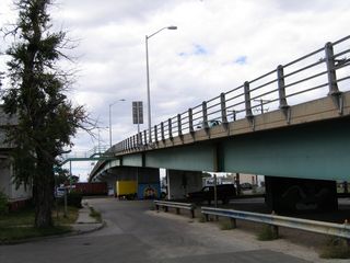 The Union Pacific Railroad yard spreads out below the Wyoming 130 and Wyoming 230 viaduct.