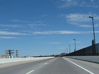 Interstate 180 proceeds north over the railroad yard via the long viaduct. New lighting and fencing were installed between 2005 and 2010.