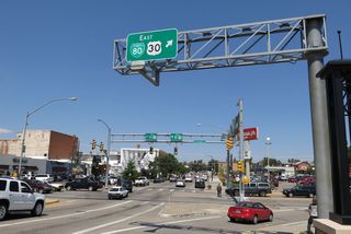 A short offramp connects northbound Interstate 180 with eastbound Business Loop I-80 and U.S. 30. The control city for U.S. 30 is Pine Bluffs, which is located on the Nebraska-Wyoming state line.