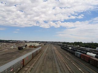 Unlike most Interstate highways, both viaducts on Interstate 180 have sidewalks. From the northbound viaduct are these views of the railroad yards looking east.