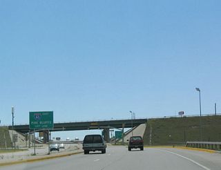 For traffic turning east onto Interstate 80 to Pine Bluffs and Omaha, use the left lane. Through traffic can use either lane to continue south on U.S. 85, Business U.S. 87, and Business Loop I-25.