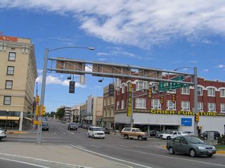 This view shows southbound Interstate 180, looking north, as seen from the sidewalk on the railroad viaduct in downtown Cheyenne.