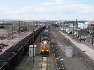 From the southbound viaduct are these views of the railroad yards looking west.