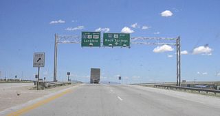 Southbound U.S. 287 approaches its junction with Interstate 80 and U.S. 30 in Rawlins. This marks the eastern terminus of the Rawlins business loop and the western terminus of Wyoming 76.