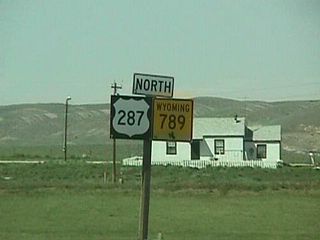 These U.S. 287 and Wyoming 789 reassurance route marker shields were posted along northbound between Muddy Gap and Lander in central Wyoming.