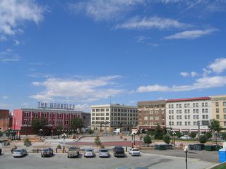 A view of the depot plaza from the viaduct for Interstate 180 over the Union Pacific Railroad yard.