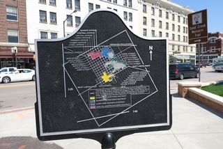 This plaque, which is located at the frontier park adjacent to the railroad depot, shows the original intended outline of the city of Cheyenne as envisioned by General Greenville Dodge when the city was founded on July 4, 1869. Originally, the four square mile was conceived on a northwest to southeast orientation rather than a north-south/east-west orientation in order to maximize exposure to the sun in the cold winter months. With the growth of the city, the boundaries of Cheyenne have grown vastly beyond General Dodge's original boundaries. The colors on the map show the original historical districts: Downtown, Rainsford, Lakeview, and Capitol. Many older houses are located in these areas, some that date back to the turn of the 20th Century.
