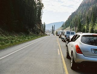 East Entrance Road looking toward Sylvan Pass. This was during the major reconstruction of the pass, so traffic was delayed. This is part of the 20-year plan to rebuild the Yellowstone Road system. Many of the roads are structurally deficient.